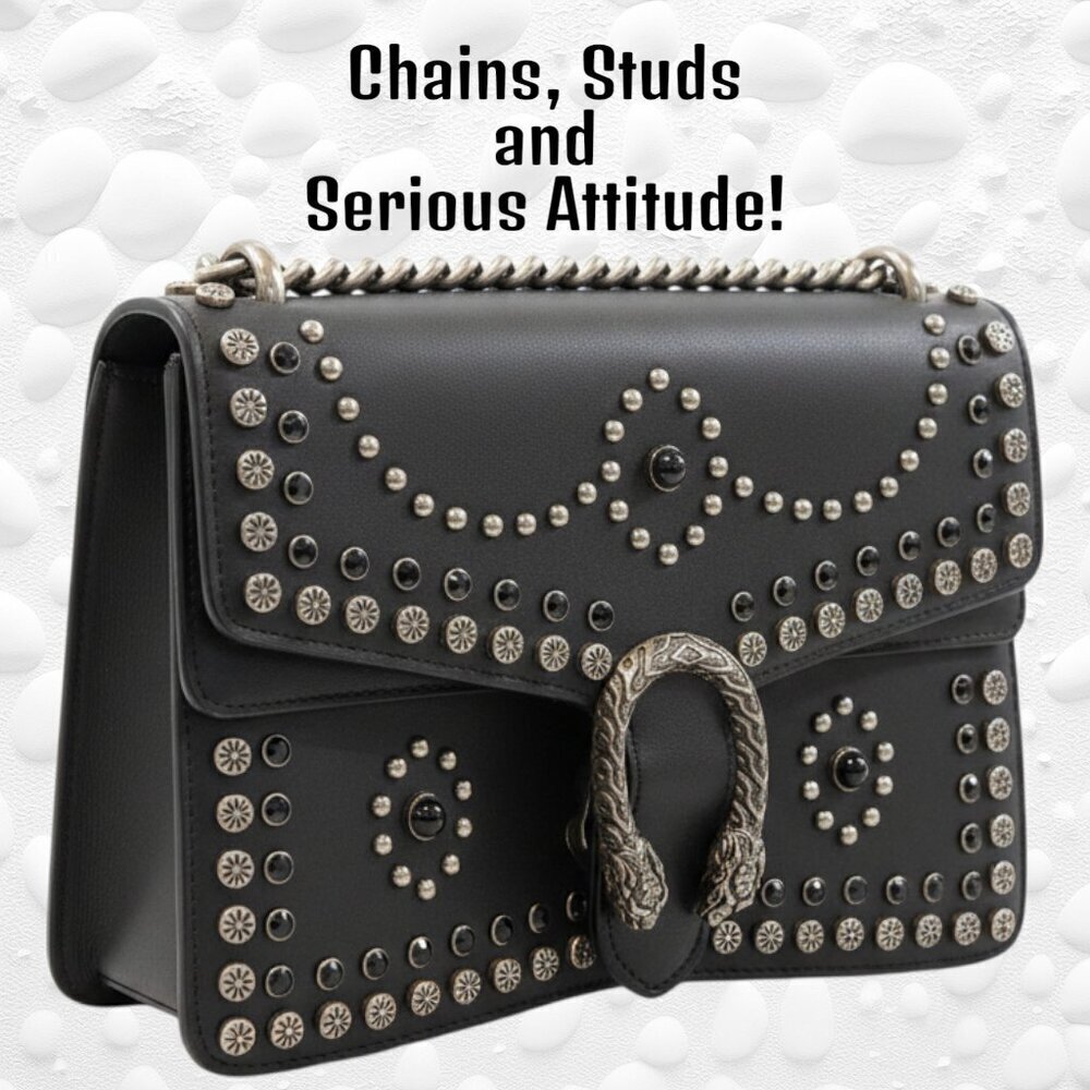 Dark Grey Studded Handbag – Heavy Chains, Horseshoe Clasp, Statement Piece!